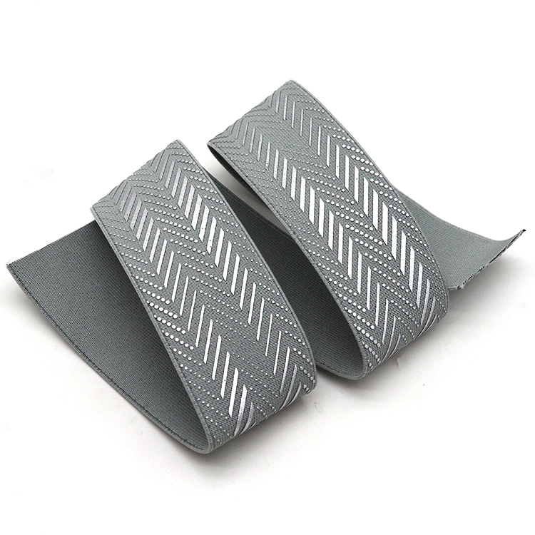 Skin-Friendly Breathable Polyester Elastic Band with Silk Screen Printed Silver Pattern for Fashion Garment Pants Decoration Tape