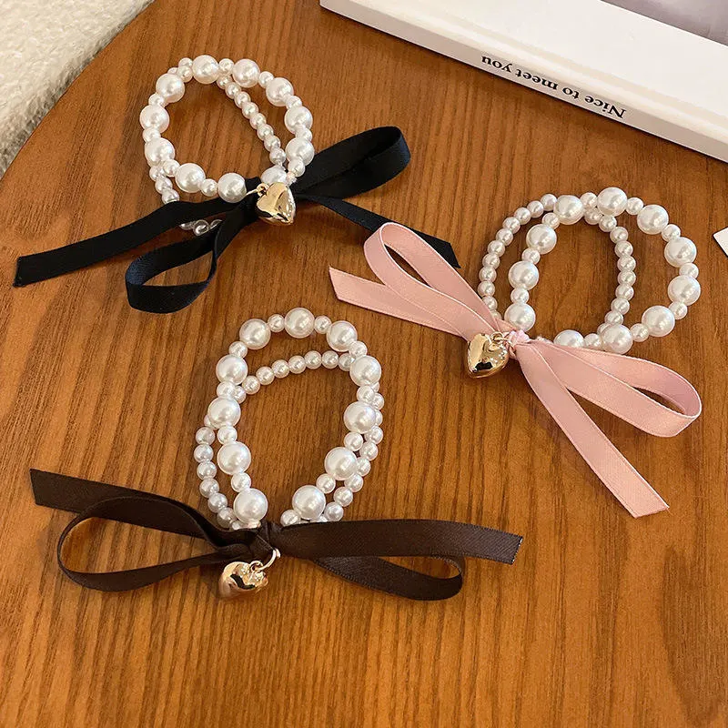 French Romantic Style Pearl Bow Hair Rope Women Fashion Elegant Hair Band