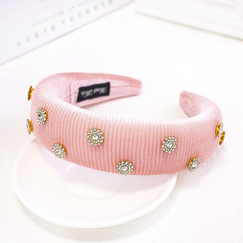 Rhinestone Floral Headband Women&prime;s Gold Velvet Thickened Sponge Fabric Hair Ornament Wide Side Hair Band