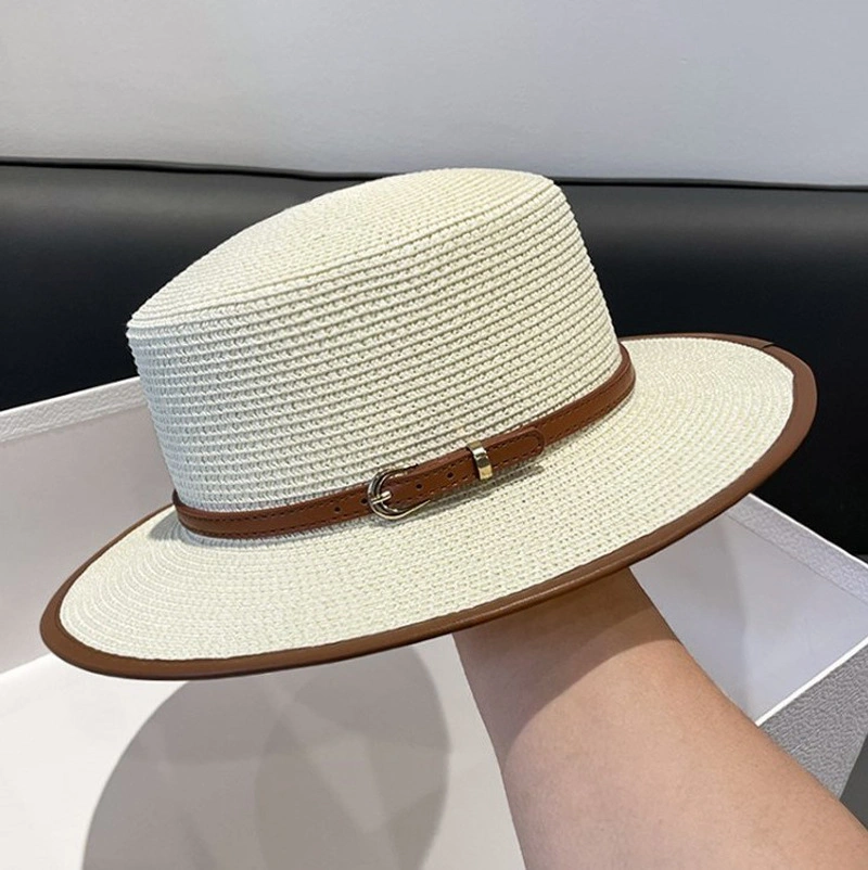 2024 New Flat Top Straw Panama Hats for Women Straw Caps with PU Decoration and Belt Band