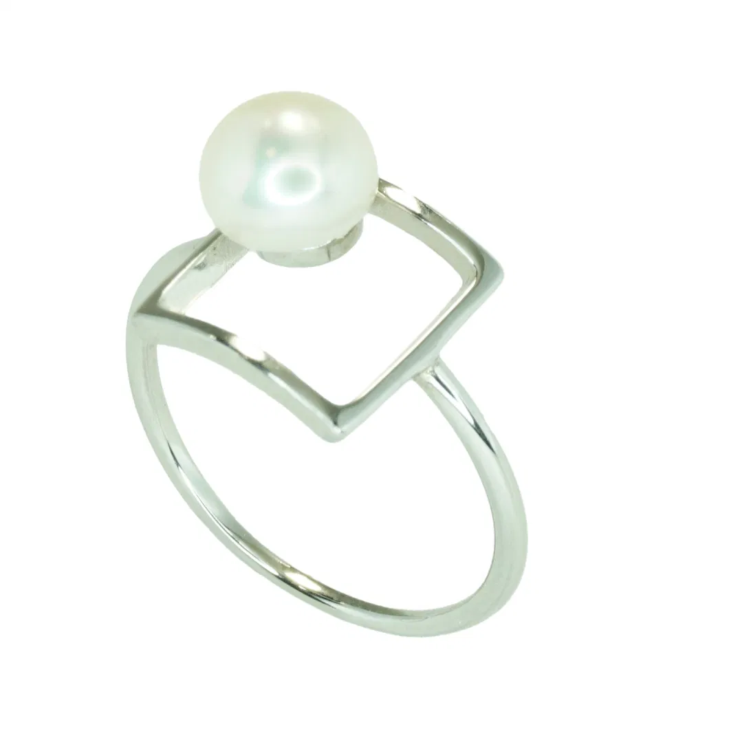 Hot Custom Simple Fashion Rhodium Sterling Silver Jewelry Ring with Pearl Wholesale