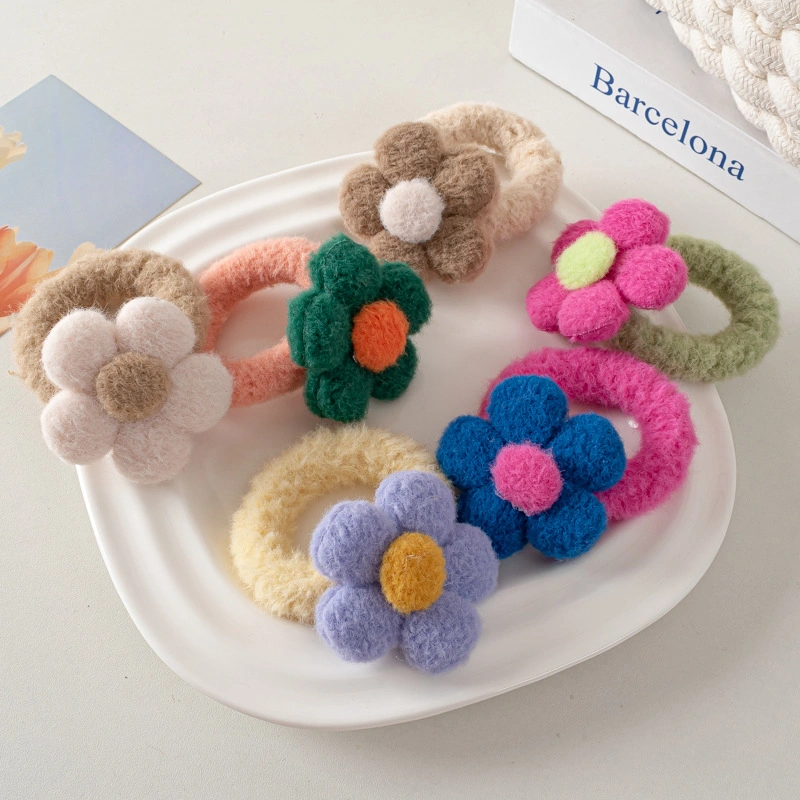 Plush Flower Hair Scrunchie Cute Color High Stretch Thick Plush Hair Rope Ponytail Rubber Band