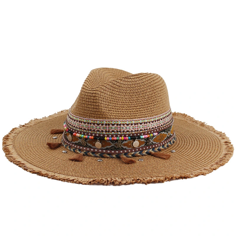 Male and Femal Cute Straw Hat Wide Brim Panama Hat with Brown Band and PU Belt