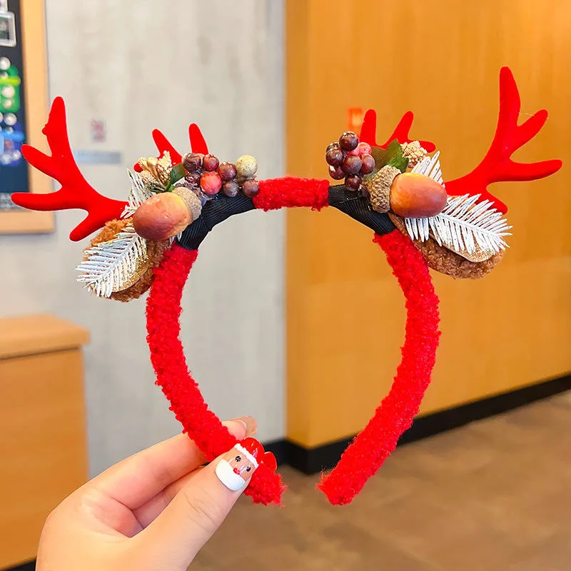 Children&prime;s Christmas Hair Clip Headwear Cute Cartoon Deer Horn Hair Band