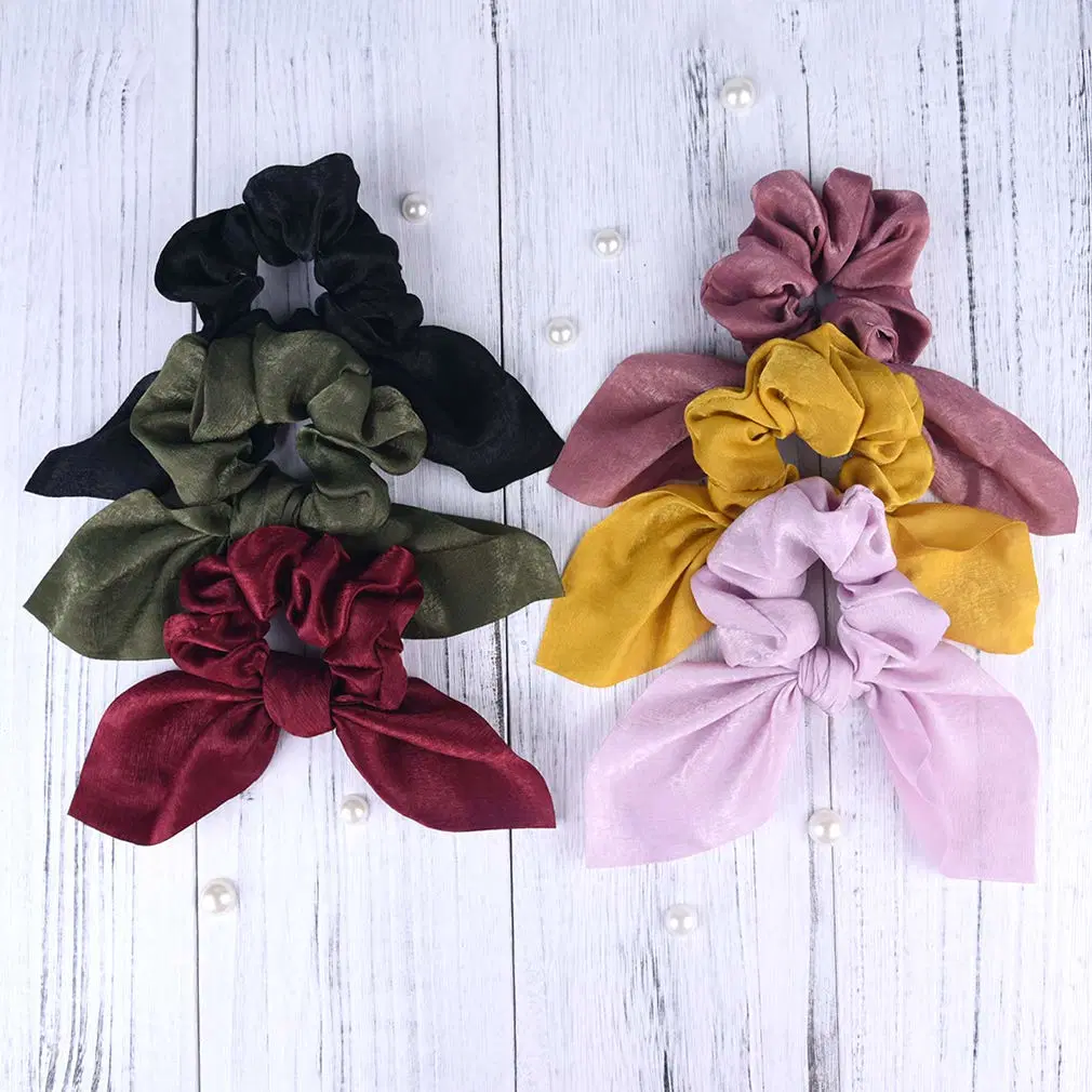 Women Girls Chiffon Hair Ties Ponytail Holder Bowknot Elastic Hair Band Pearl Scrunchies