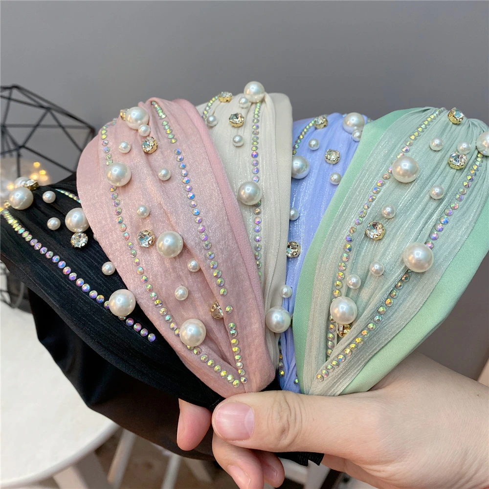 Korean Style 2022 New Fashion Rhinestone Knot Hair Band Pearl Shining Diamond Candy Color Hair Accessories Girly Wide Hair Band