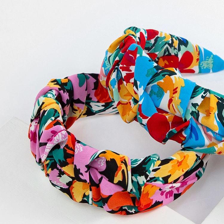 Creative New Wide Edge Hair Band Retro Floral Pleated Head Band Fairy Printed Hair Hairband