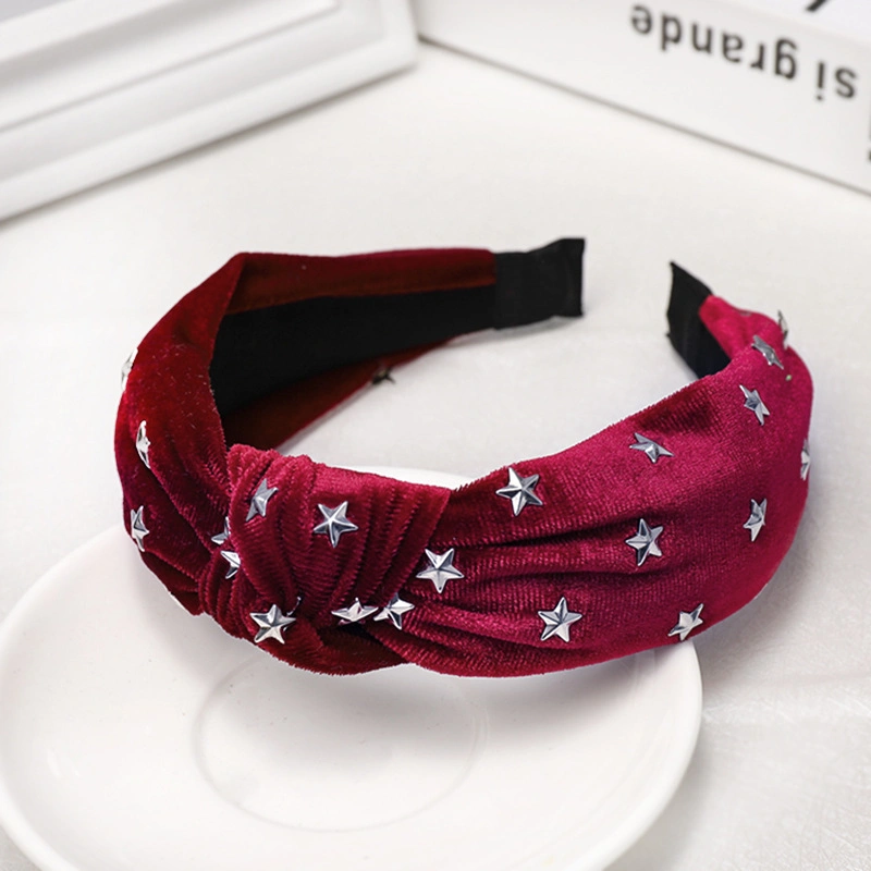 Korean Fashion New Hair Bands Solid Color Velvet Hot Diamond Star Knotted Headdress Hair Card Wide Side Band