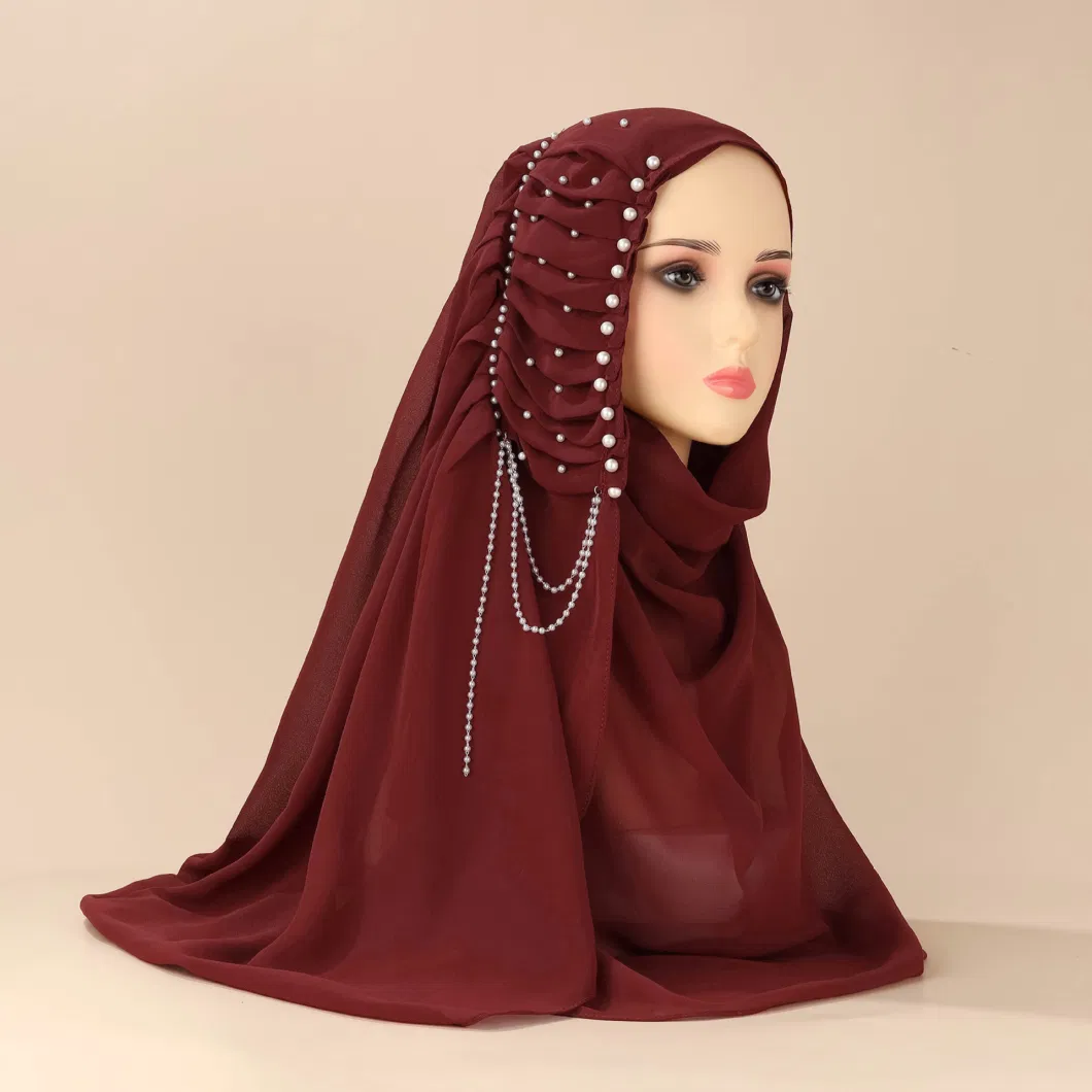 Wholesale Abaya Women Muslim Dress Shawl Solid Bandana Color with Pleated Outfit Chiffon Pearl Beading Nude Malaysia Scarf