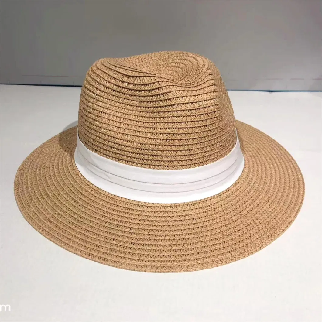 Customized Wholeseller Summer Fashion Mens Paper Straw PU Webbing Sunhat Band Fedora Panama Hat