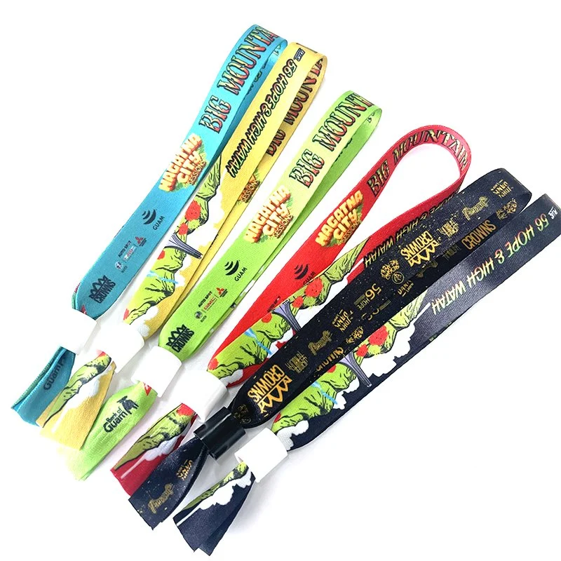 Customization Disposable Full Color Printing Music Festival Event Ribbon Wristband with Teeth Slide Lock Black Blue Red Yellow Wrist Strap