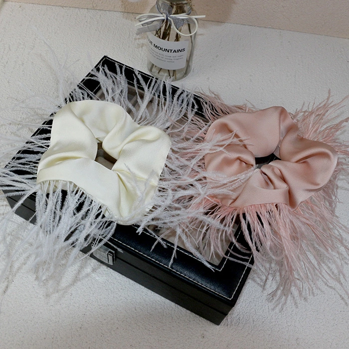 New Hair Accessories Ostrich Fur Solid Color Polyester Satin Hair Rope