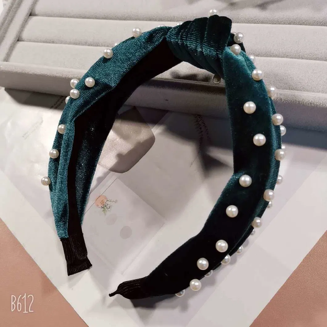 Wholesale Knotted Non-Slip Fashion Wide Top Turban Velvet Pearl Decoration Headband