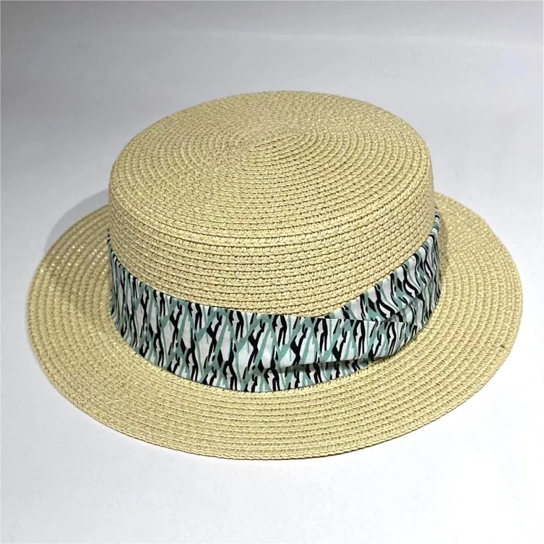 Customized Wholeseller Women Fashion Summer Paper Straw Leopard Print Webbing Band Panama Flat Crown Sunhat