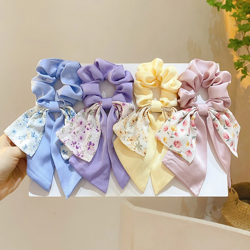 Wholesale French Bow Wome&prime;s Headband Floral Silk Scarf Large Hair Scrunches Latest Fashion Printed Ribbon Bow Hair Bands