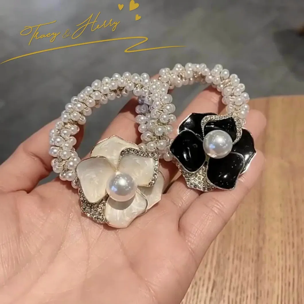 Hot Sale Pearl Circle Retro Head Rope Camellia Flower Pearl Silk Hair Bands