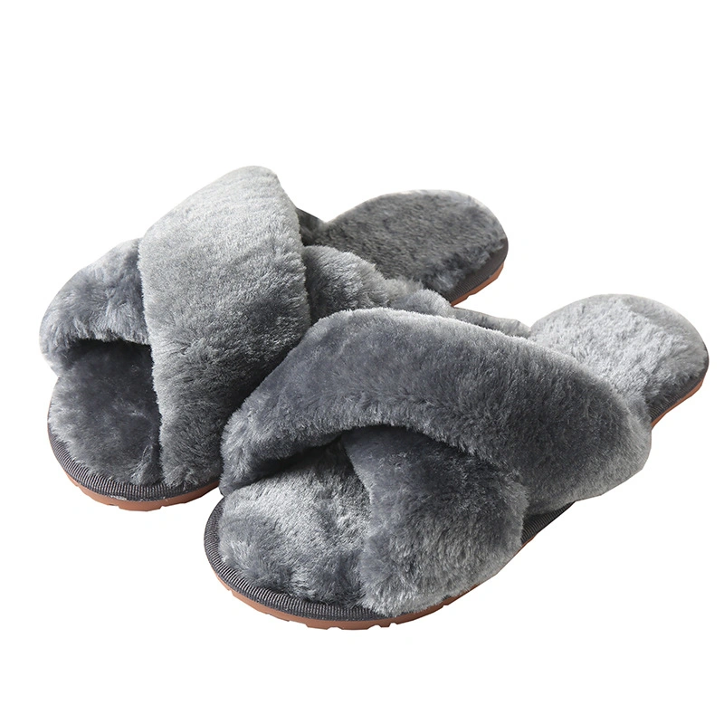 Women&prime;s Cross Band Breathable Slippers Soft Plush Furry Cozy Open Toe House Shoes Indoor Outdoor Faux Rabbit Fur Warm Comfy Slipper