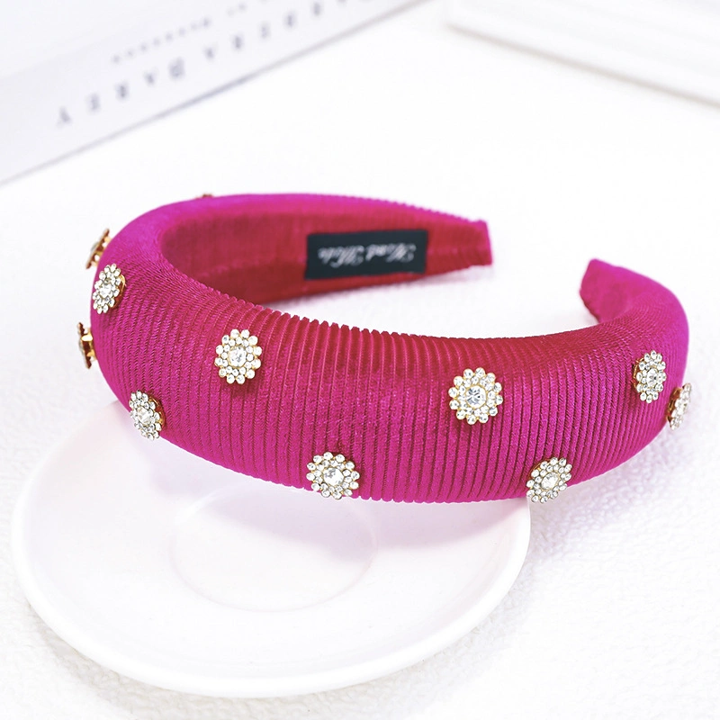 Rhinestone Floral Headband Women&prime;s Gold Velvet Thickened Sponge Fabric Hair Ornament Wide Side Hair Band