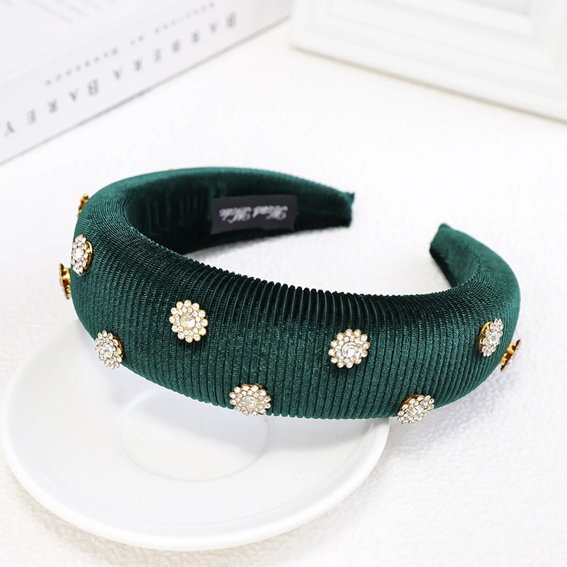 Rhinestone Floral Headband Women&prime;s Gold Velvet Thickened Sponge Fabric Hair Ornament Wide Side Hair Band