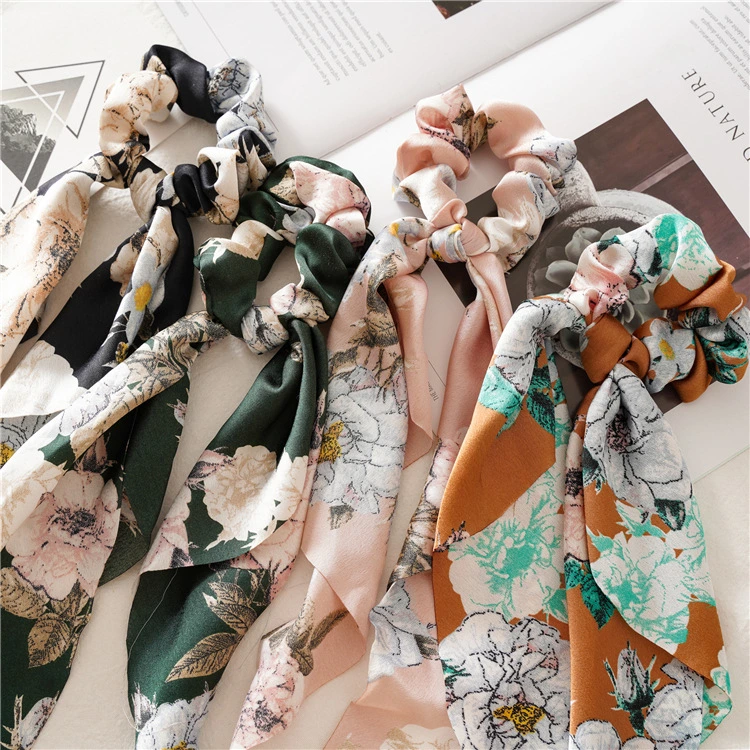 New Satin Floral Print Women&prime;s Hair Scrunchie Elastic Hair Large Scarf Bands Hair Tie Rubber Bands for Girls