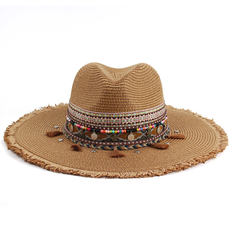 Male and Femal Cute Straw Hat Wide Brim Panama Hat with Brown Band and PU Belt