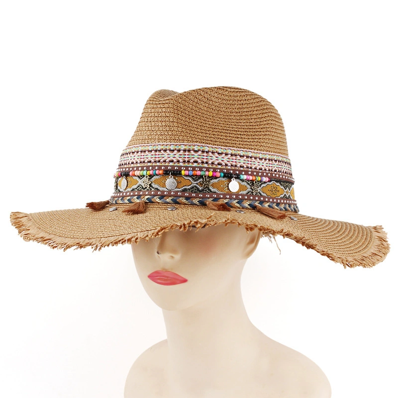 Male and Femal Cute Straw Hat Wide Brim Panama Hat with Brown Band and PU Belt