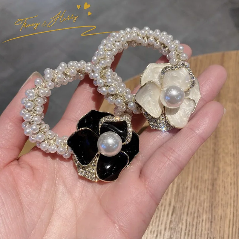 Hot Sale Pearl Circle Retro Head Rope Camellia Flower Pearl Silk Hair Bands