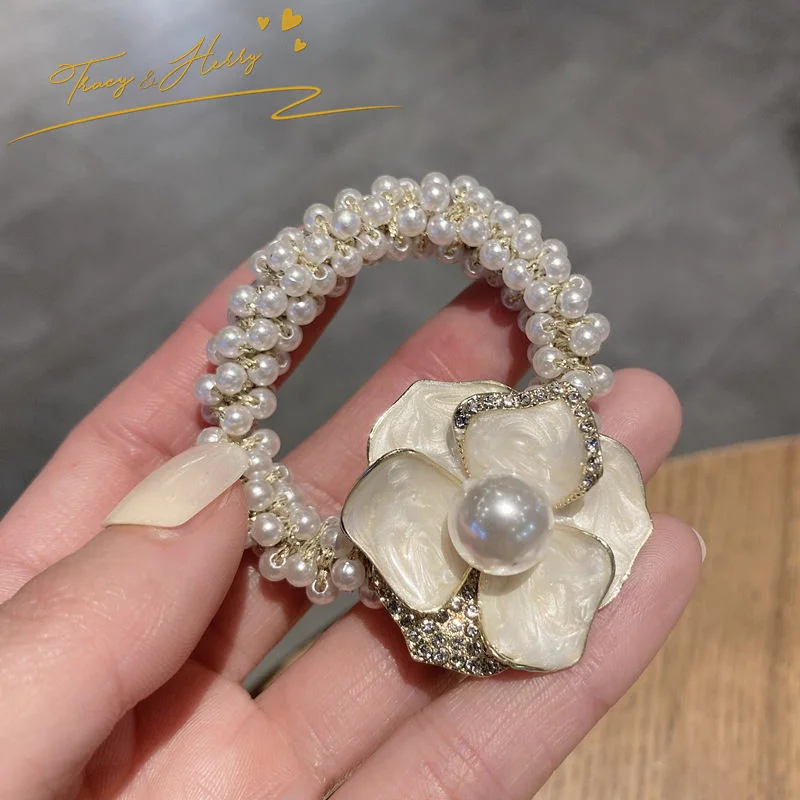 Hot Sale Pearl Circle Retro Head Rope Camellia Flower Pearl Silk Hair Bands