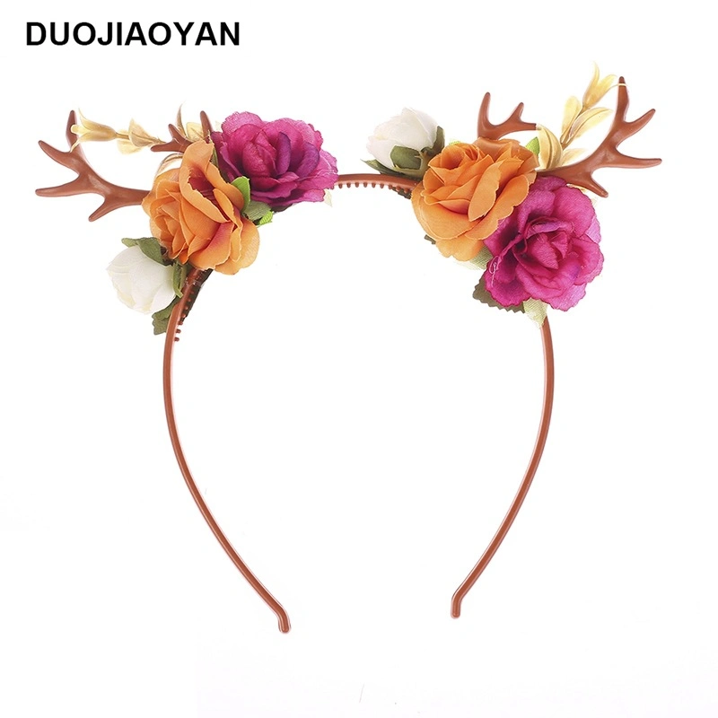 Creative New Personalized Small Deer Antlers Hair Band with Rose Flowers Christmas Animal Hair Accessories Headband Moose Hair Band