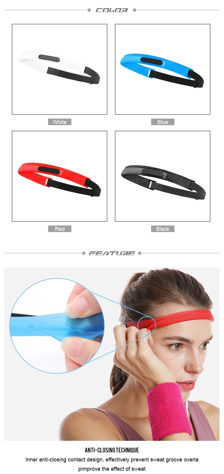 Free Sample Guide Silicone Sports Headband Sweatband for Outdoor Running Gym