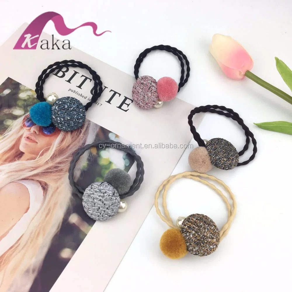 High Quality Elastic Hair Band with Button Furl Ball Decorated Trendy Hair Tie