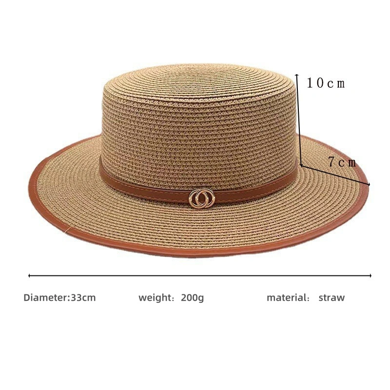 2024 New Flat Top Straw Panama Hats for Women Straw Caps with PU Decoration and Belt Band