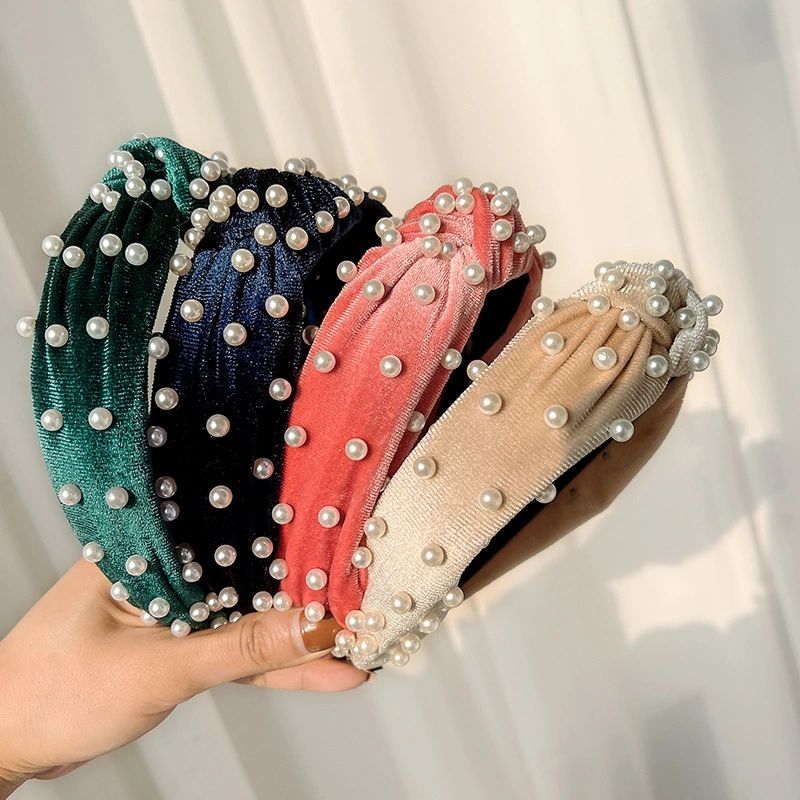 Wholesale Knotted Non-Slip Fashion Wide Top Turban Velvet Pearl Decoration Headband