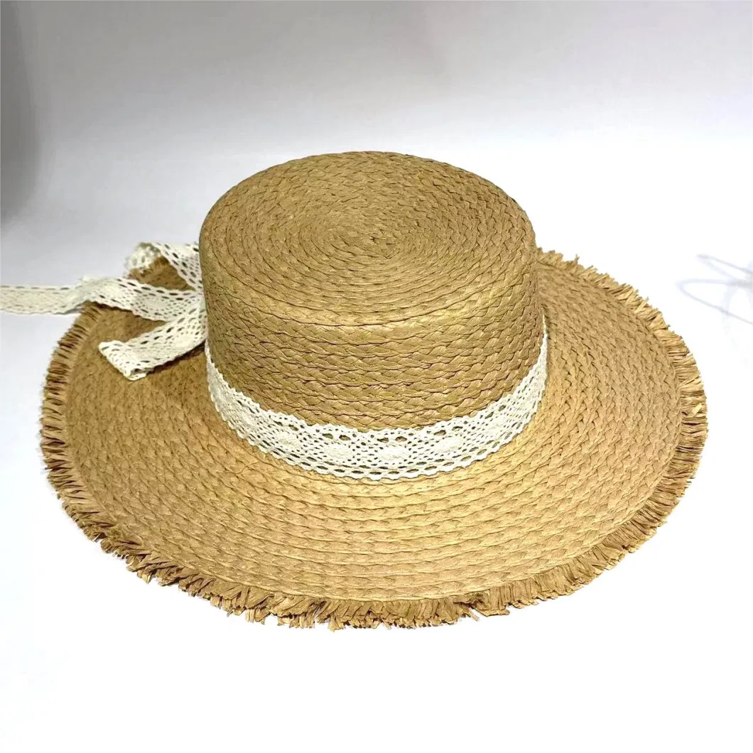 Customized Wholeseller Women Fashion Summer Paper Straw Leopard Print Webbing Band Panama Flat Crown Sunhat