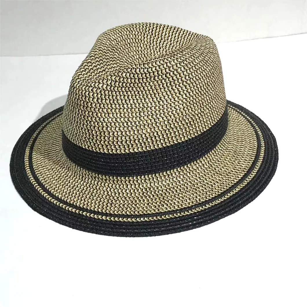 Customized Wholeseller Summer Fashion Mens Paper Straw PU Webbing Sunhat Band Fedora Panama Hat