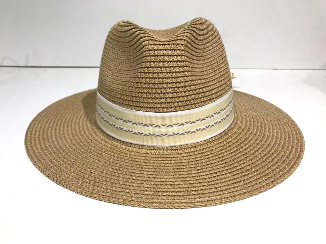 Customized Wholeseller Summer Fashion Mens Paper Straw PU Webbing Sunhat Band Fedora Panama Hat