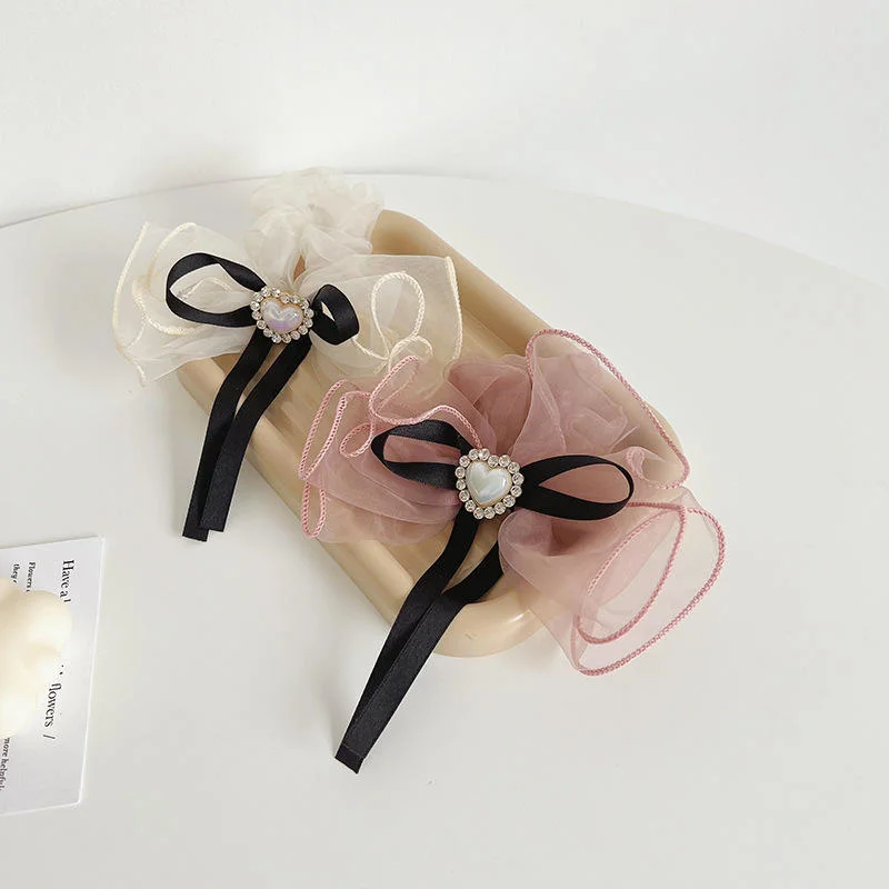 Organza Ladies Ponytail Hair Ties Small Fragrance Rhinestone Love Ribbon Band