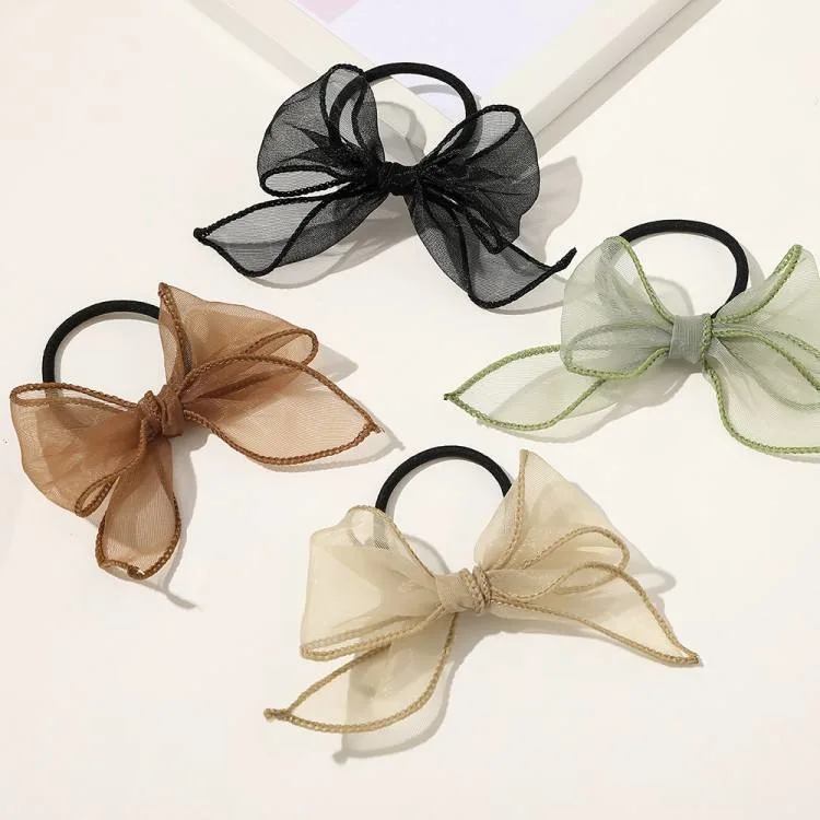 French Style Mesh Hair Tie Bow Hair Scrunchies Mesh Ponytail Elastic Band