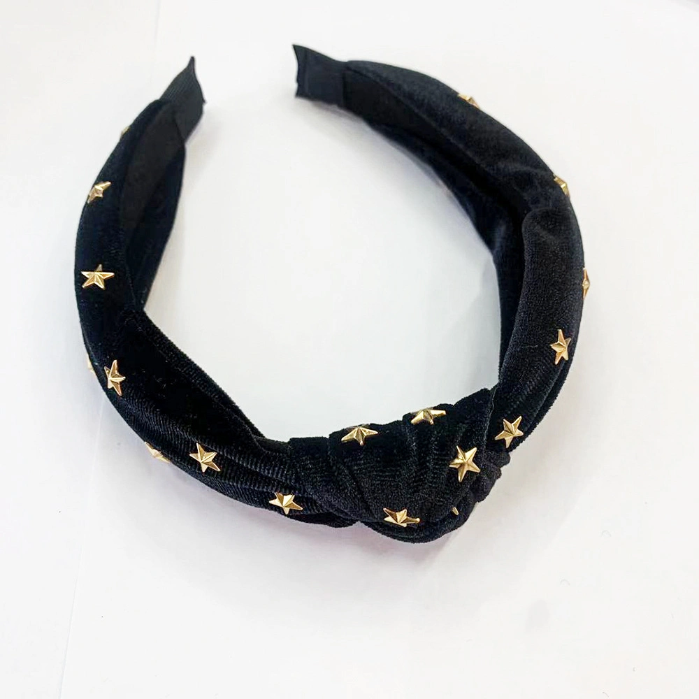 Korean Fashion New Hair Bands Solid Color Velvet Hot Diamond Star Knotted Headdress Hair Card Wide Side Band