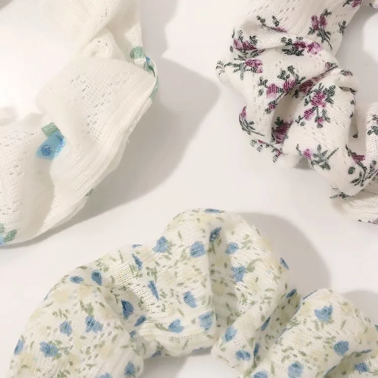 Cotton Fabric Large Intestine Hair Scrunchies Floral White Elastic Hair Band