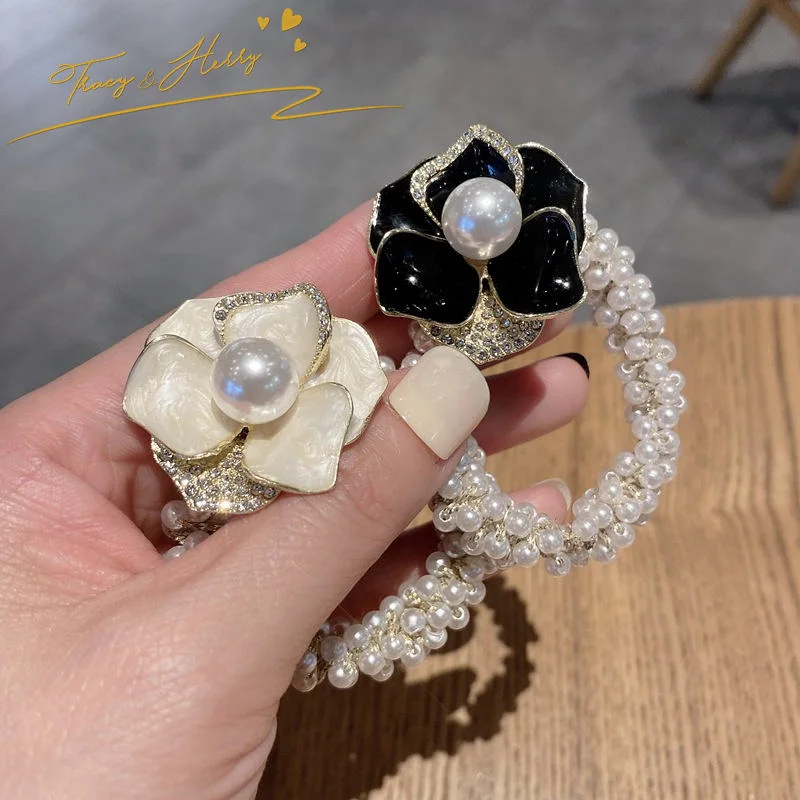 Hot Sale Pearl Circle Retro Head Rope Camellia Flower Pearl Silk Hair Bands