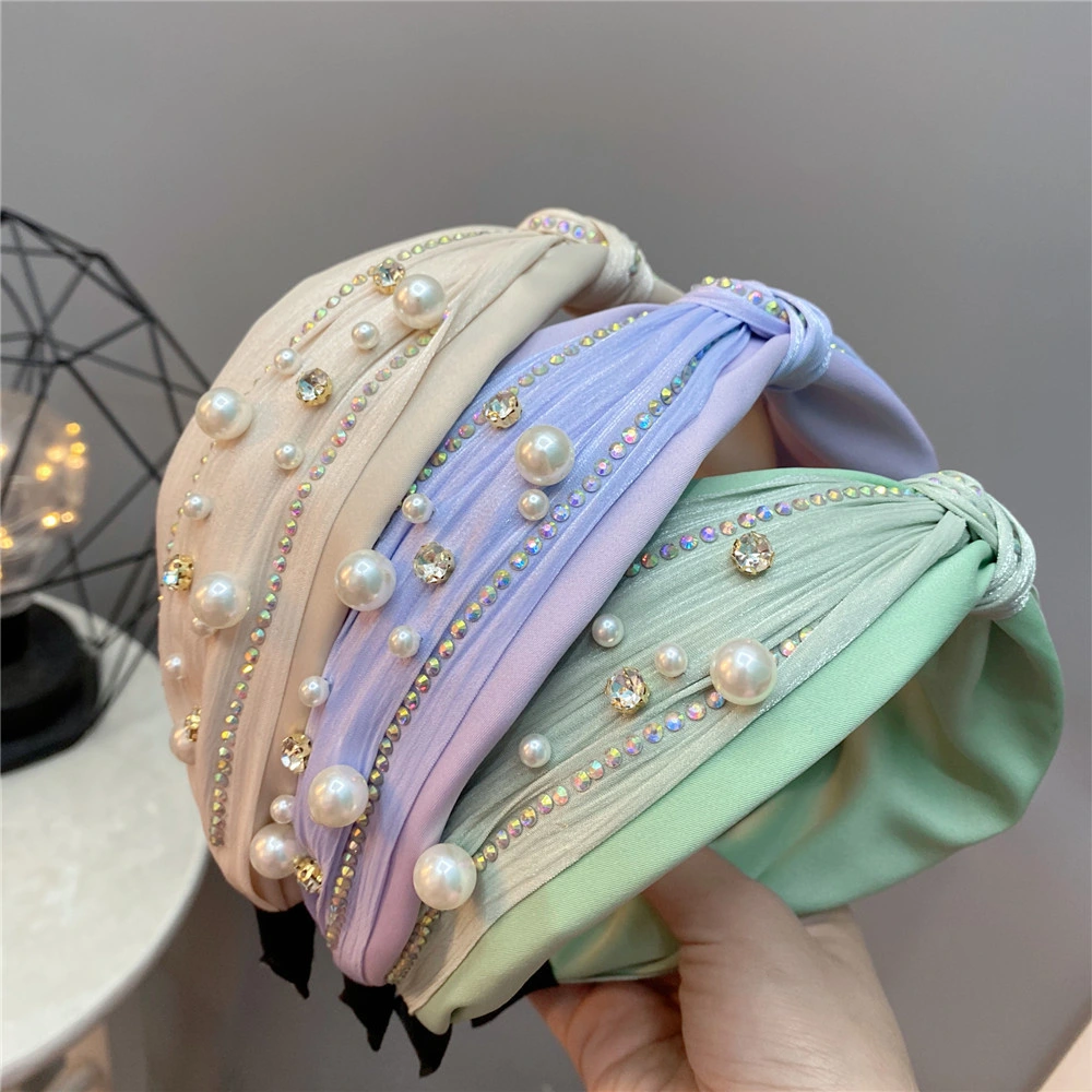 Korean Style 2022 New Fashion Rhinestone Knot Hair Band Pearl Shining Diamond Candy Color Hair Accessories Girly Wide Hair Band