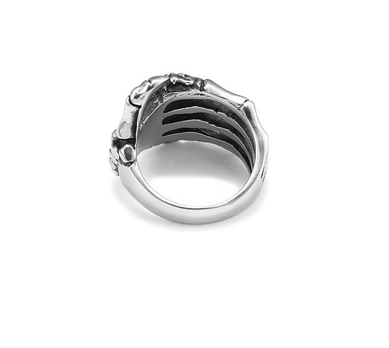 Men&prime;s Stainless Steel Ring Band Silver Tone Black Skull Hand Bone