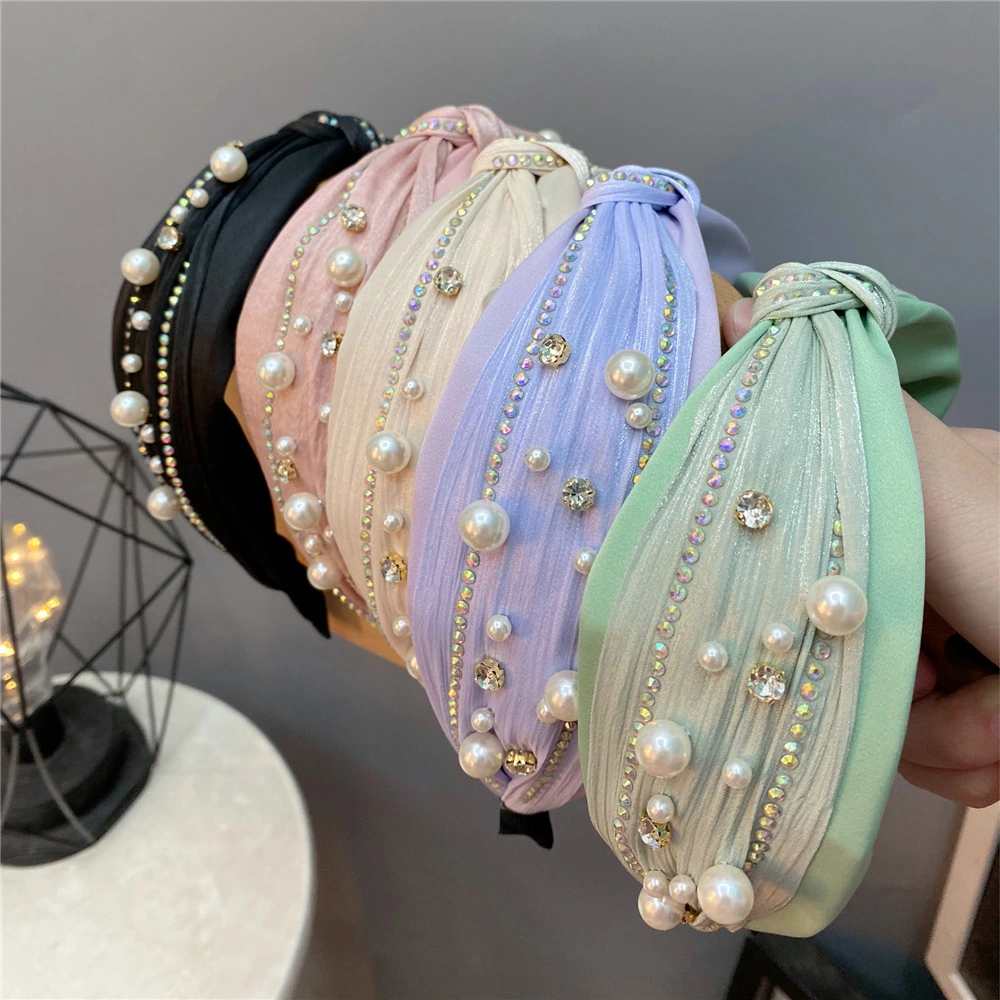 Korean Style 2022 New Fashion Rhinestone Knot Hair Band Pearl Shining Diamond Candy Color Hair Accessories Girly Wide Hair Band