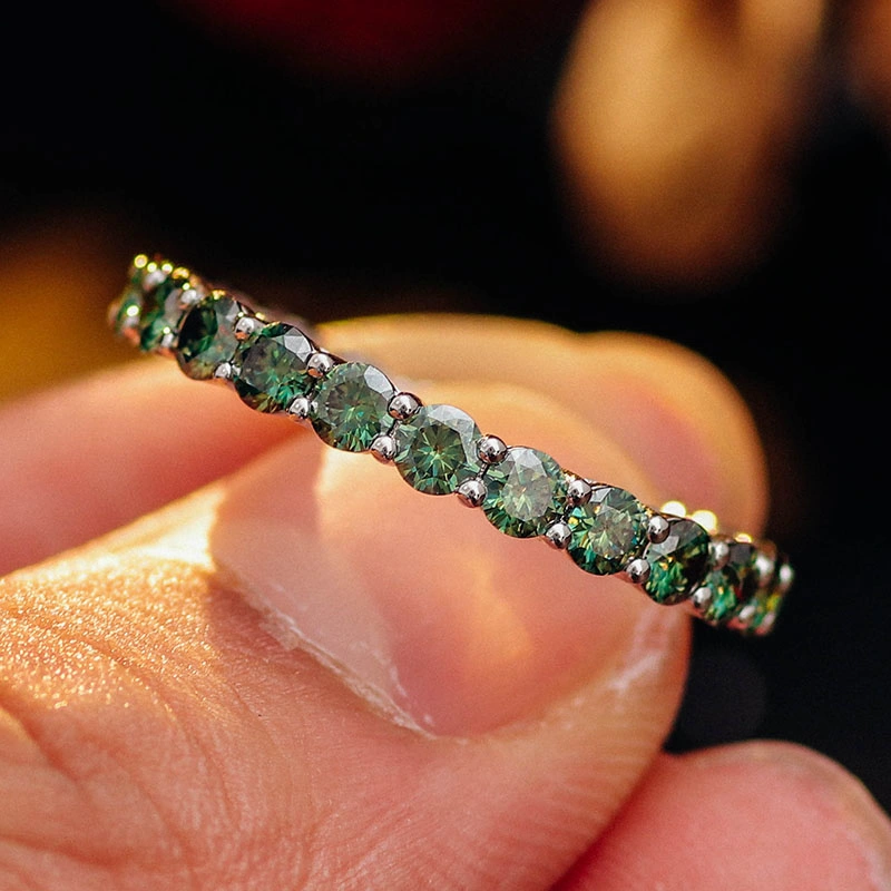 Wholesale Sterling Silver S925 Ring Band with 2mm Round Dark Green Moissanite Diamond Top Quality on Selling