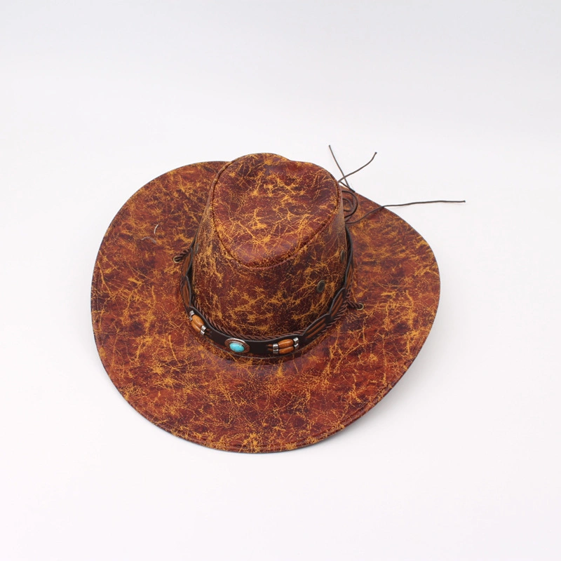 Faux Leather Wide Brim Hat Western for Men Fedora Hat Cowboy Hats with Rhinestone Hat Band