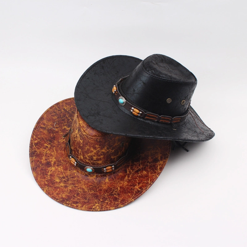 Faux Leather Wide Brim Hat Western for Men Fedora Hat Cowboy Hats with Rhinestone Hat Band