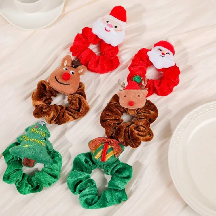 Fashionable Cute Babies Christmas Elk Hair Ties Velvet Fabric Xmas Brown Deer Rubber Hair Bands for Lovely Girls