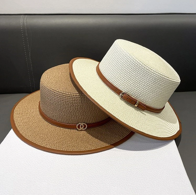 2024 New Flat Top Straw Panama Hats for Women Straw Caps with PU Decoration and Belt Band