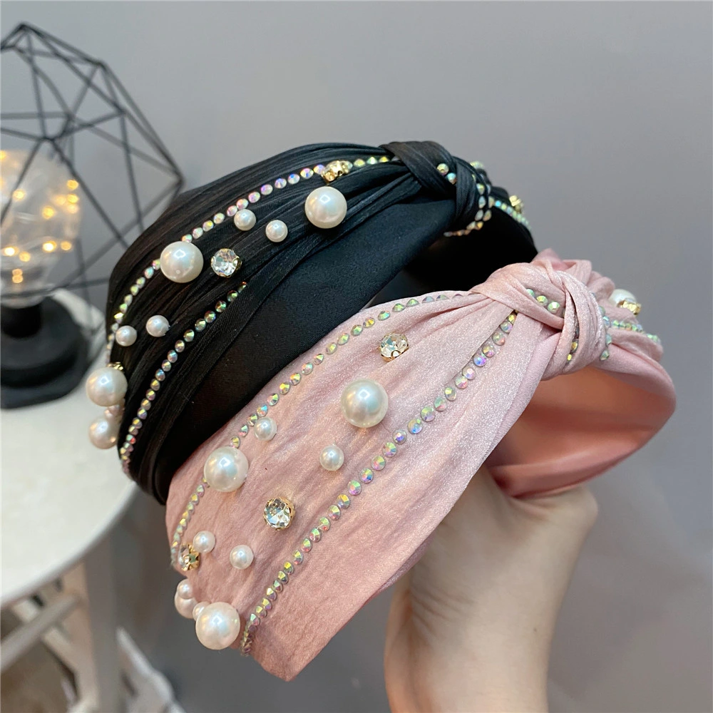 Korean Style 2022 New Fashion Rhinestone Knot Hair Band Pearl Shining Diamond Candy Color Hair Accessories Girly Wide Hair Band